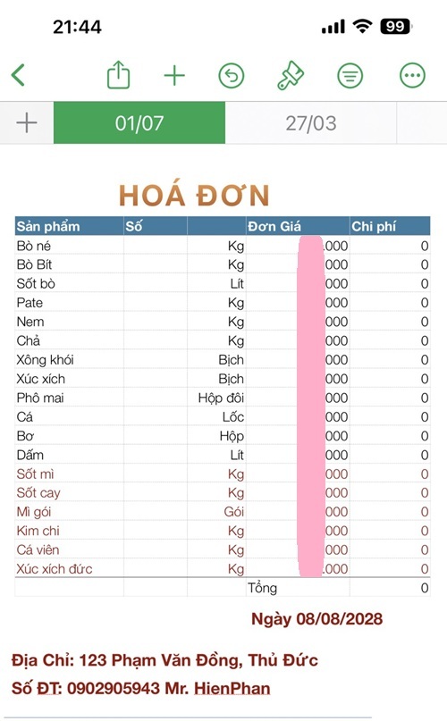 bill thanh toán bò né 3 ngon